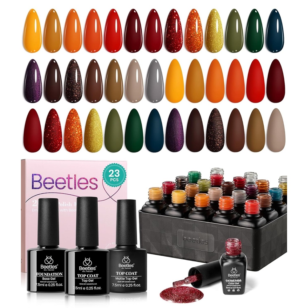 image:imageBeetles Cat Eye Gel Nail Polish Set  20 Colors Gel Polish Nail Set Burgundy Brown Green Nail Polish Glitter Pearl Manicure with Base Coat Matte amp Top Coat Soak Off Gift for Women00 Cozy Campfire