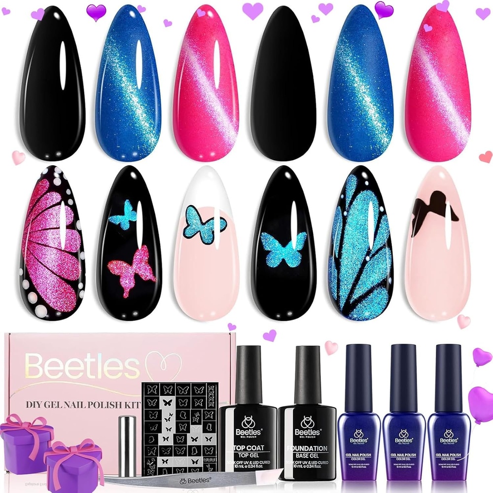 image:imageBeetles Cat Eye Gel Nail Polish Set with Glossy Top amp Base Coat Pink Blue Gel Polish Cat Eye Gel Nail Butterfly Storm DIY Kit Soak Off LED Nail Art Salon at Home Beauty Gifts for Her Women
