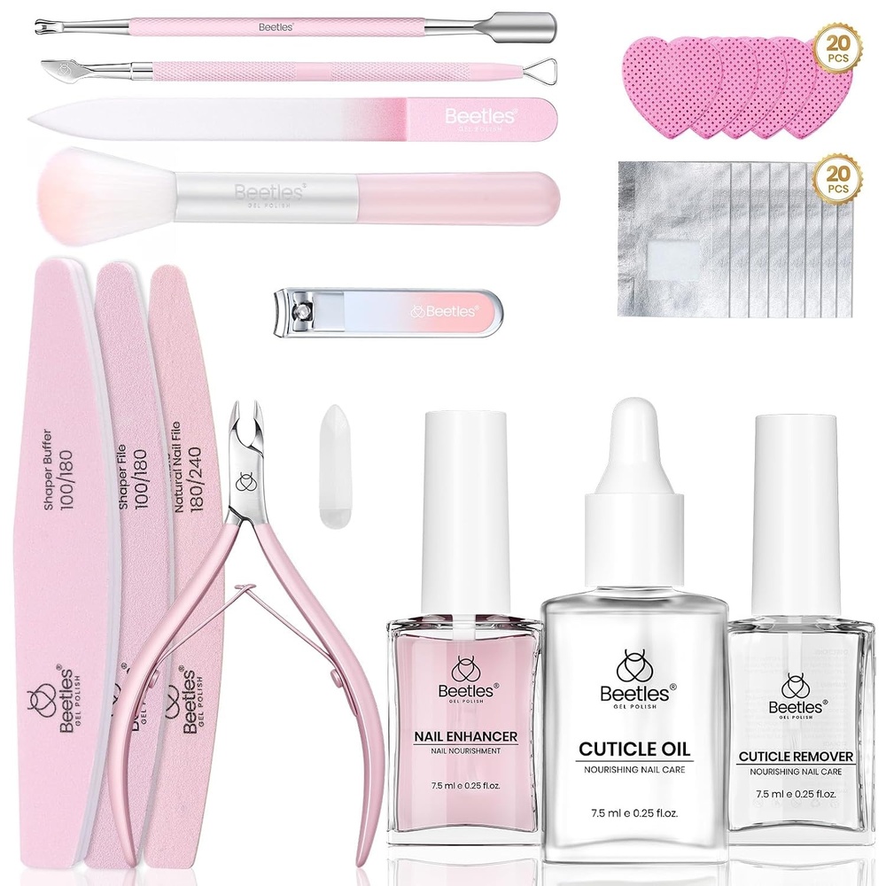 image:imageBeetles Cuticle Pusher Dual Ended Cuticle Remover with Round End Push Back Cuticles Fork End Remove Lifted Cuticles Nail Prep Tool Stainless Steel Pink Two in One Dead Skin Nail Scraper14pcs Manicure Kit