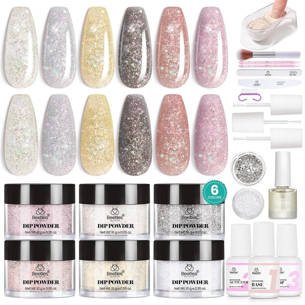 image:imageBeetles Dip Powder Nail Kit 6 Colors Dipping Powder Nude White Pink Grey Yellow Glitter with Base Top Coat Activator and Tools All Season for French Nail Art DIY Home Manicure Salon Luxury RadianceLuxury Radiance