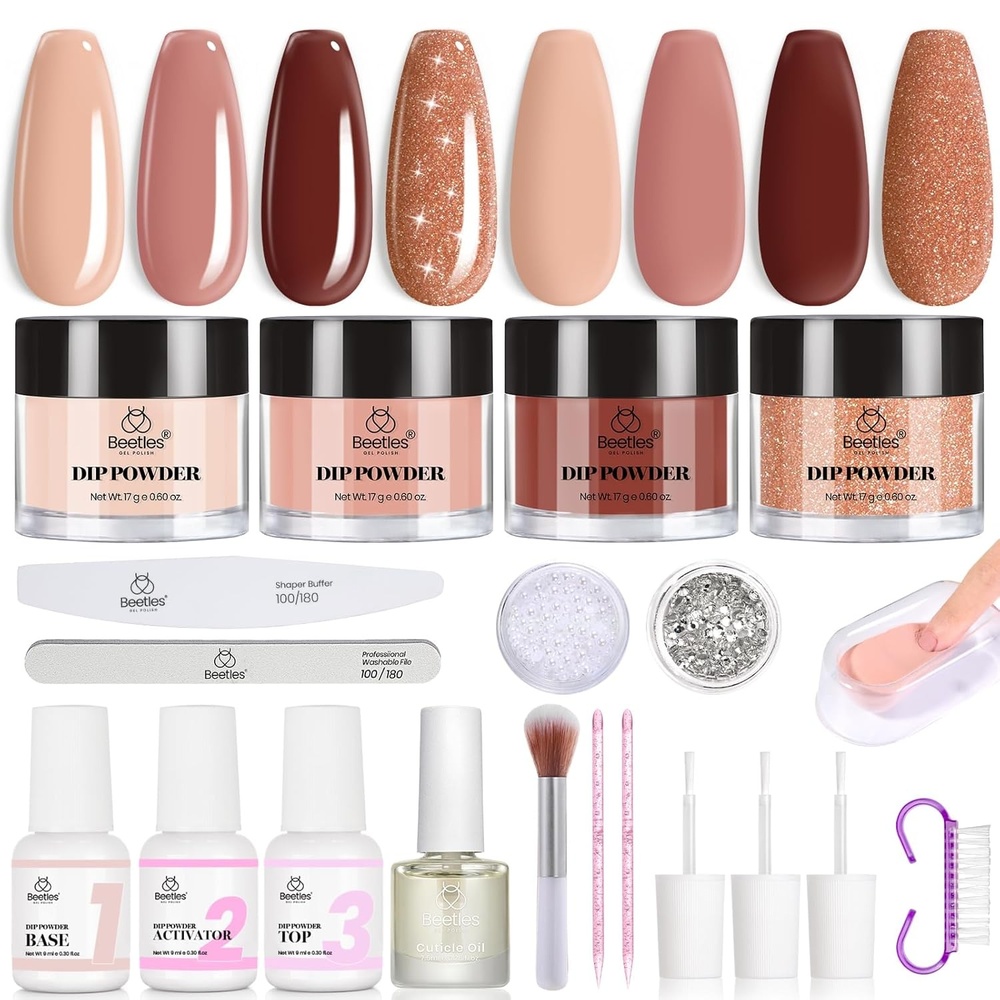 image:imageBeetles Dip Powder Nail Kit 6 Colors Dipping Powder Nude White Pink Grey Yellow Glitter with Base Top Coat Activator and Tools All Season for French Nail Art DIY Home Manicure Salon Luxury RadianceEspresso Glow