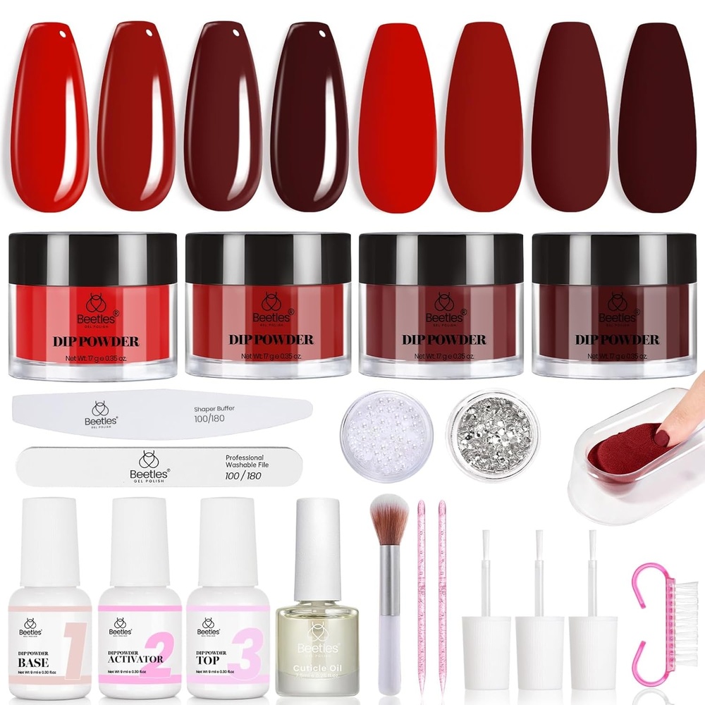 image:imageBeetles Dip Powder Nail Kit 6 Colors Dipping Powder Nude White Pink Grey Yellow Glitter with Base Top Coat Activator and Tools All Season for French Nail Art DIY Home Manicure Salon Luxury RadianceTimeless Reds