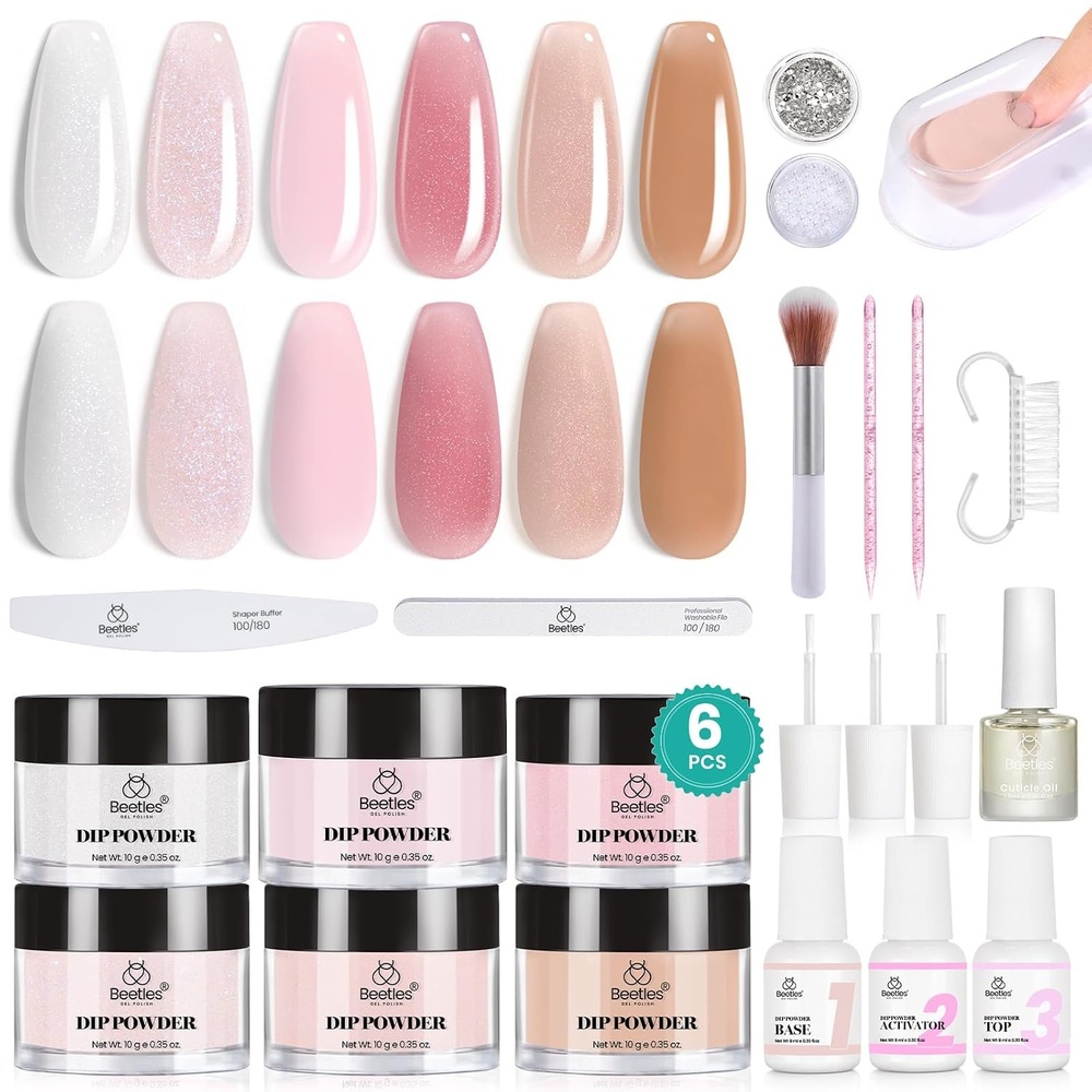 image:imageBeetles Dip Powder Nail Kit 6 Colors Dipping Powder Nude White Pink Grey Yellow Glitter with Base Top Coat Activator and Tools All Season for French Nail Art DIY Home Manicure Salon Luxury RadianceGilded Whisper