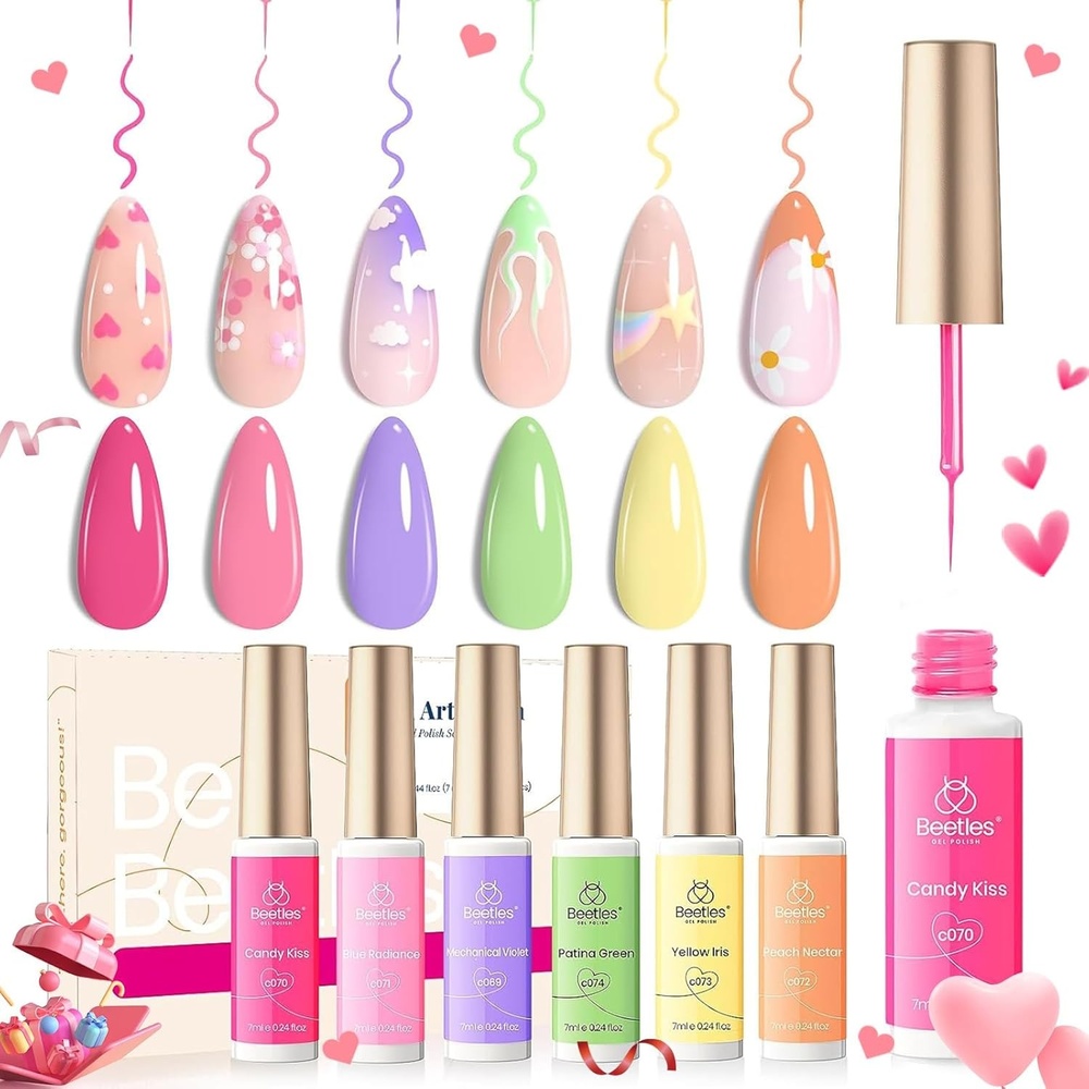 image:imageBeetles French Tip Gel Liner Nail Polish Set 20 Colors Nail Art Polish Brown Glitter Pink Blue White Red Purple Swirl Gel Nails Polish Nails Art Painted Build in Thin Brush Manicure Gifts for WomenSmile Time