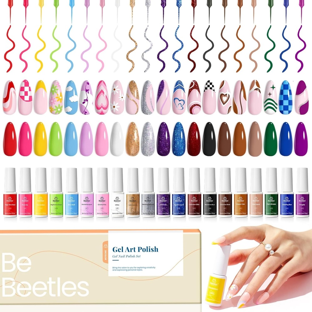 image:imageBeetles French Tip Gel Liner Nail Polish Set 20 Colors Nail Art Polish Brown Glitter Pink Blue White Red Purple Swirl Gel Nails Polish Nails Art Painted Build in Thin Brush Manicure Gifts for Women0020 Colors Creative Freedom
