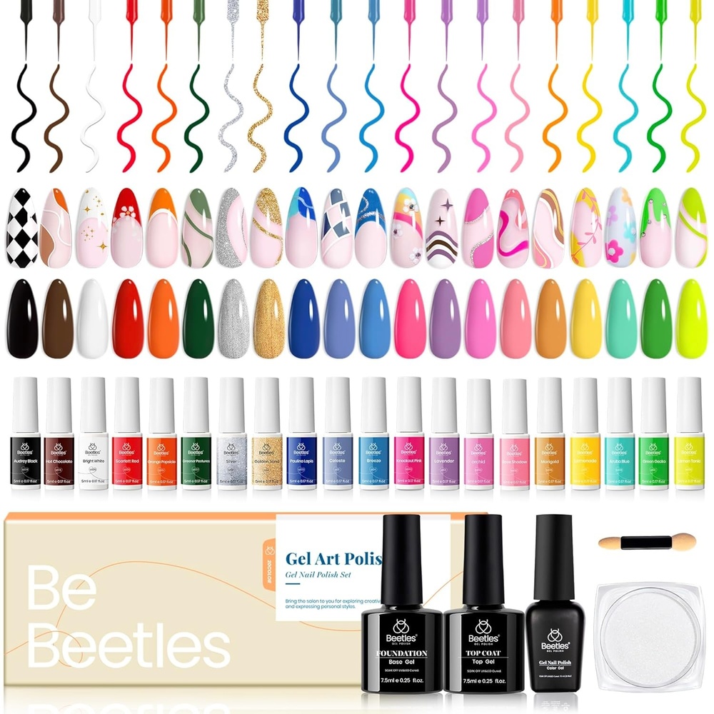 image:imageBeetles French Tip Gel Liner Nail Polish Set 20 Colors Nail Art Polish Brown Glitter Pink Blue White Red Purple Swirl Gel Nails Polish Nails Art Painted Build in Thin Brush Manicure Gifts for Women020 Colors Gel Art Set