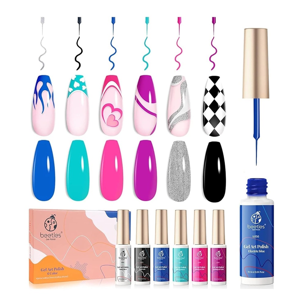 image:imageBeetles French Tip Gel Liner Nail Polish Set 20 Colors Nail Art Polish Brown Glitter Pink Blue White Red Purple Swirl Gel Nails Polish Nails Art Painted Build in Thin Brush Manicure Gifts for WomenCyber Punks