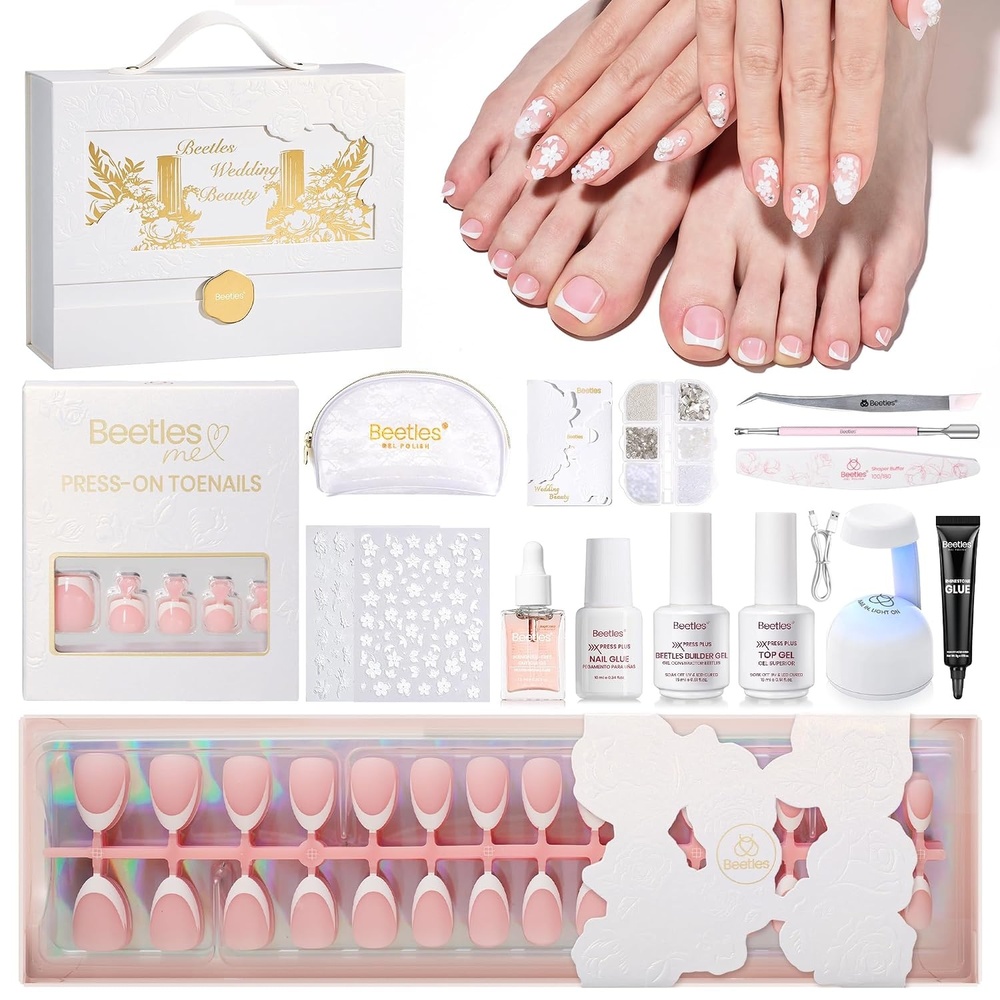 image:imageBeetles French Tip Press On Nails  Wedding Beauty Box  Short Almond Press On Nails Kit  16 Sizes 224 Pcs AllinOne Kit With Nail GlueBuilderTop CoatNail LampNail Tools Gift