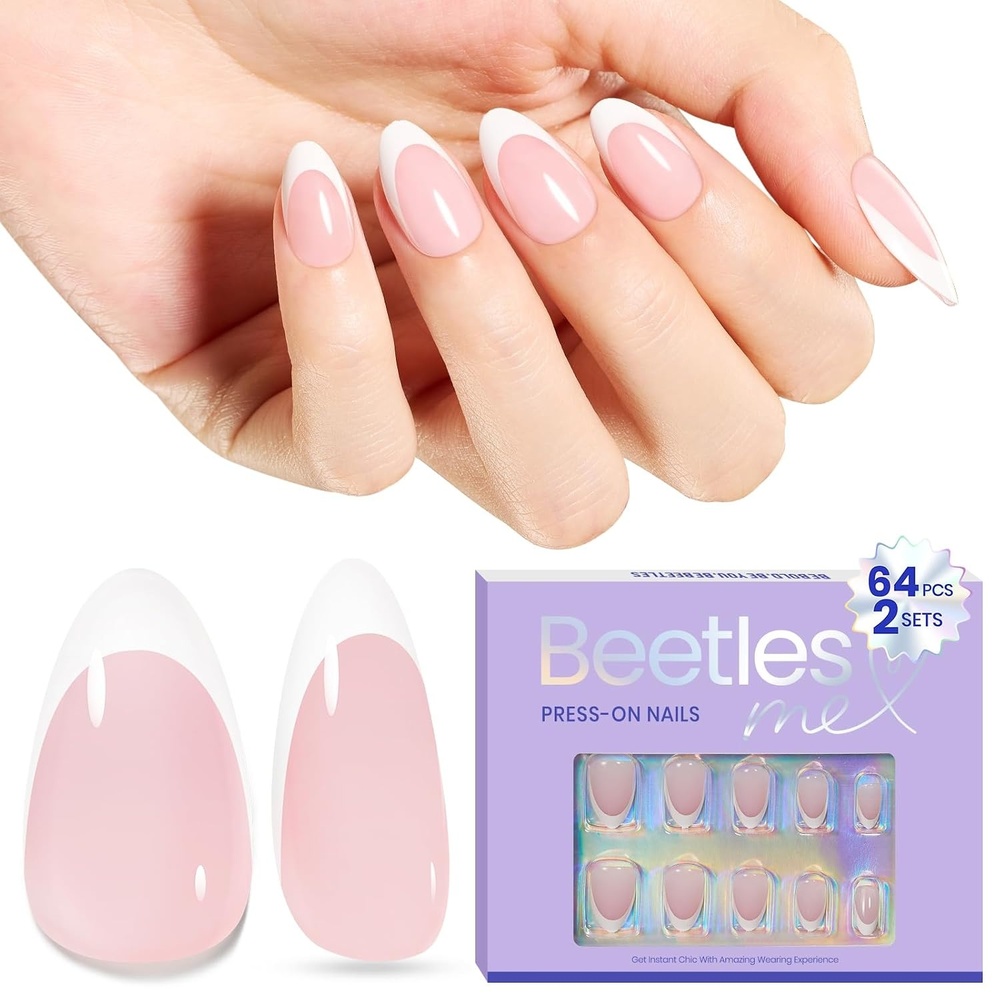 image:imageBeetles French Tip Press On Nails Almond Pink Short Almond French Tip Press On Nails with Preapplied Tip PrimerampBase Coat Supremely FitampNatural Glue On Nails in 16 Sizes 64Pcs for Nail Art DIY Home