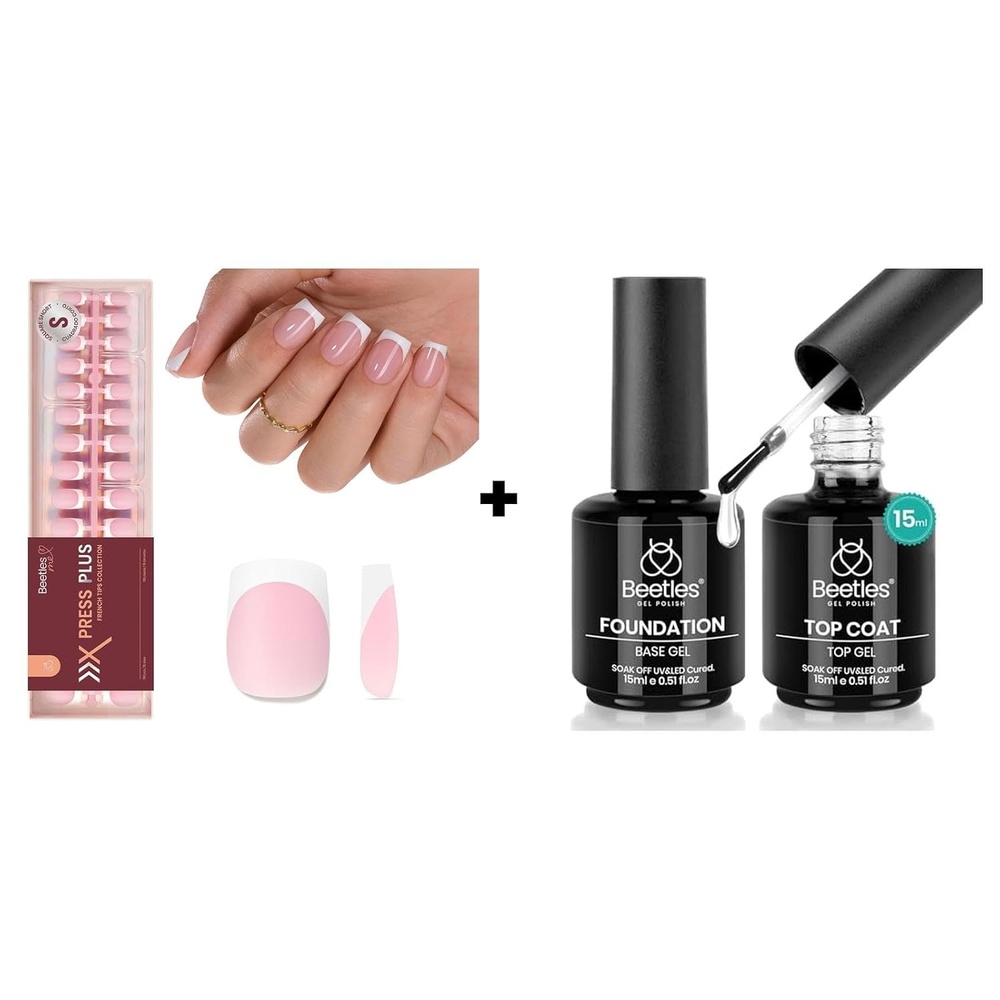 image:imageBeetles French Tips Press On Nails Set 150 Pcs Pink Short Square Soft Fake Nail Tips with 2 Pcs 15ml No Wipe Top Coat and Base Coat Set Shine Finish Long Lasting Soak Off LED Nail Art Manicure Duo G