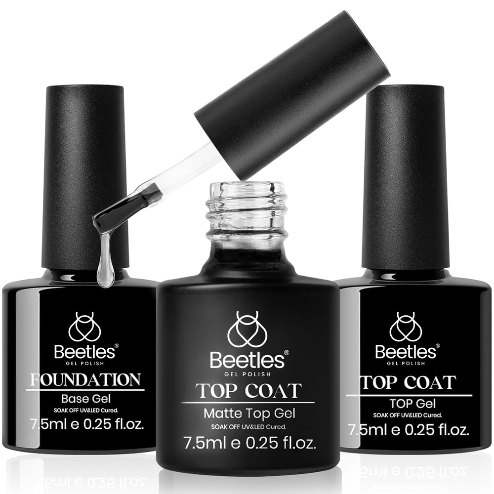 image:imageBeetles Gel Base and Top Coat with Cuticle Oil Set 3Pcs No Wipe Top Gel Glossy Shine Long Lasting Cuticle Oil Care for Dry Damaged for Stronger Nails Nail Care Kit Gifts for WomenClear Matte and Shiny Top and Base Coat Set