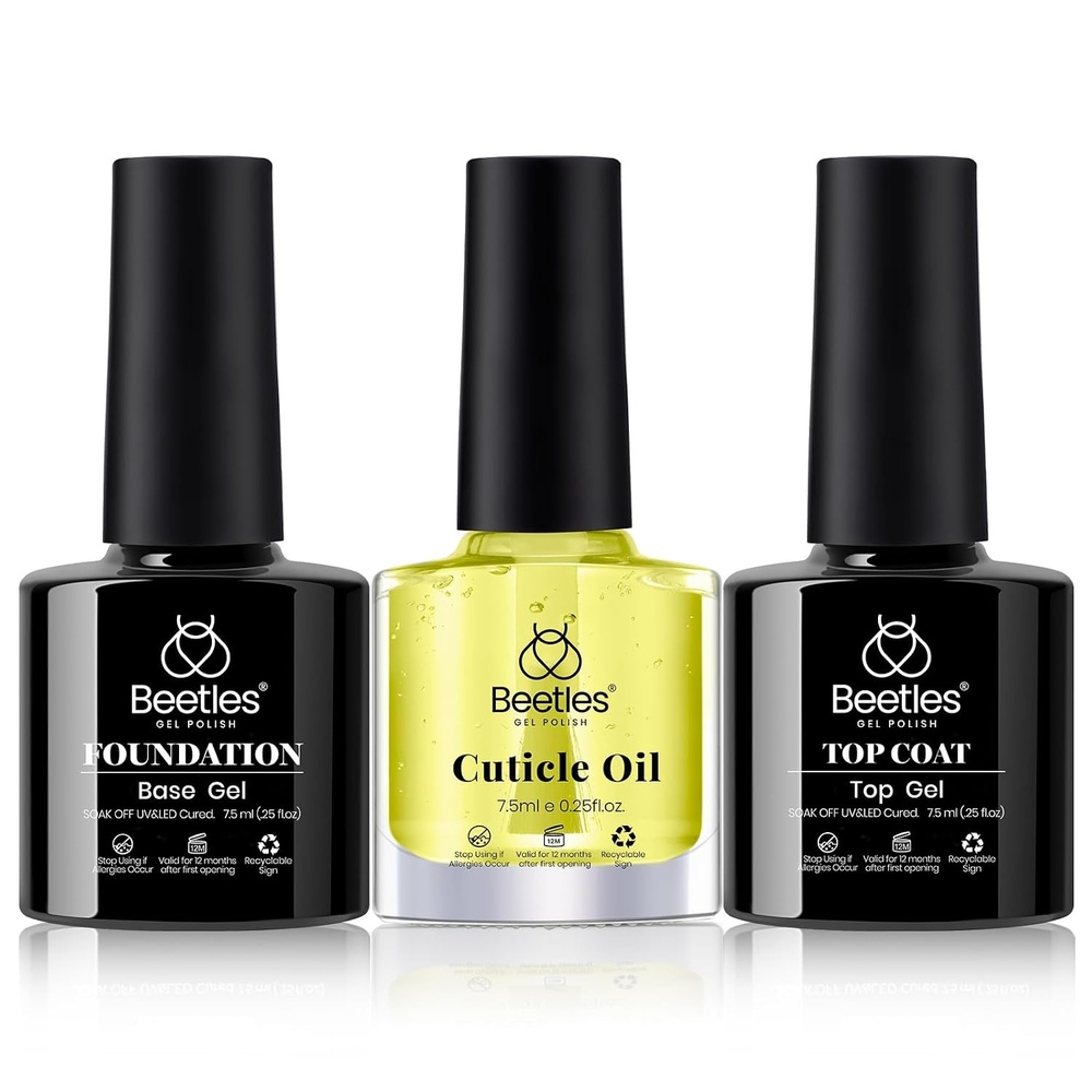 image:imageBeetles Gel Base and Top Coat with Cuticle Oil Set 3Pcs No Wipe Top Gel Glossy Shine Long Lasting Cuticle Oil Care for Dry Damaged for Stronger Nails Nail Care Kit Gifts for WomenClear Base Top Coat and Cuticle Oil Set