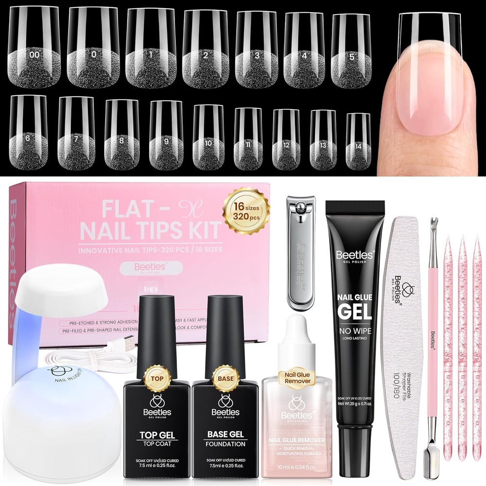 image:imageBeetles Gel Nail Kit FlatX Almond Short 320pcs 16 Sizes Nail Tips 20g Nail Glue Gel HandFree10ml Glue Remover 75ml Base Gel amp Top Coat Mini Lamp Acrylic Press On Nail Extension DIY at Home31 Square Short 320pcs HandFree GlueRemover