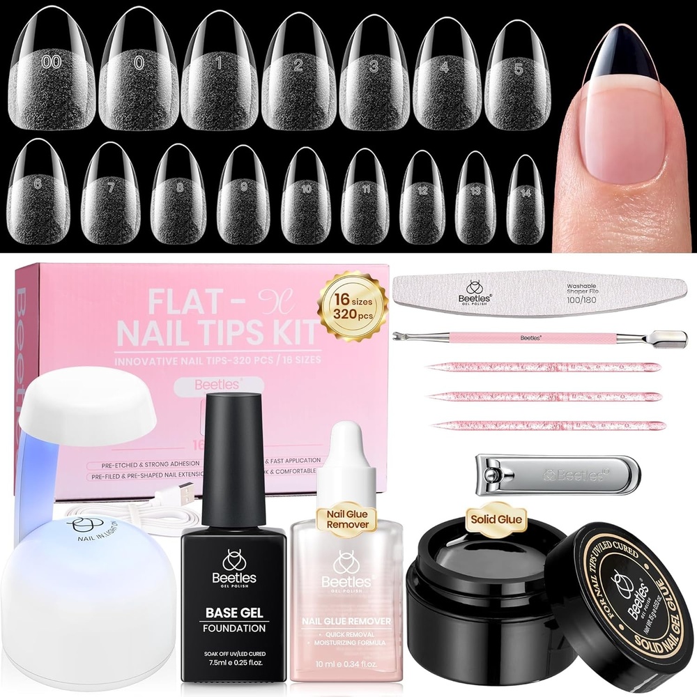 image:imageBeetles Gel Nail Kit FlatX Almond Short 320pcs 16 Sizes Nail Tips 20g Nail Glue Gel HandFree10ml Glue Remover 75ml Base Gel amp Top Coat Mini Lamp Acrylic Press On Nail Extension DIY at Home11 Almond Short 320pcs Solid GlueRemover Kit