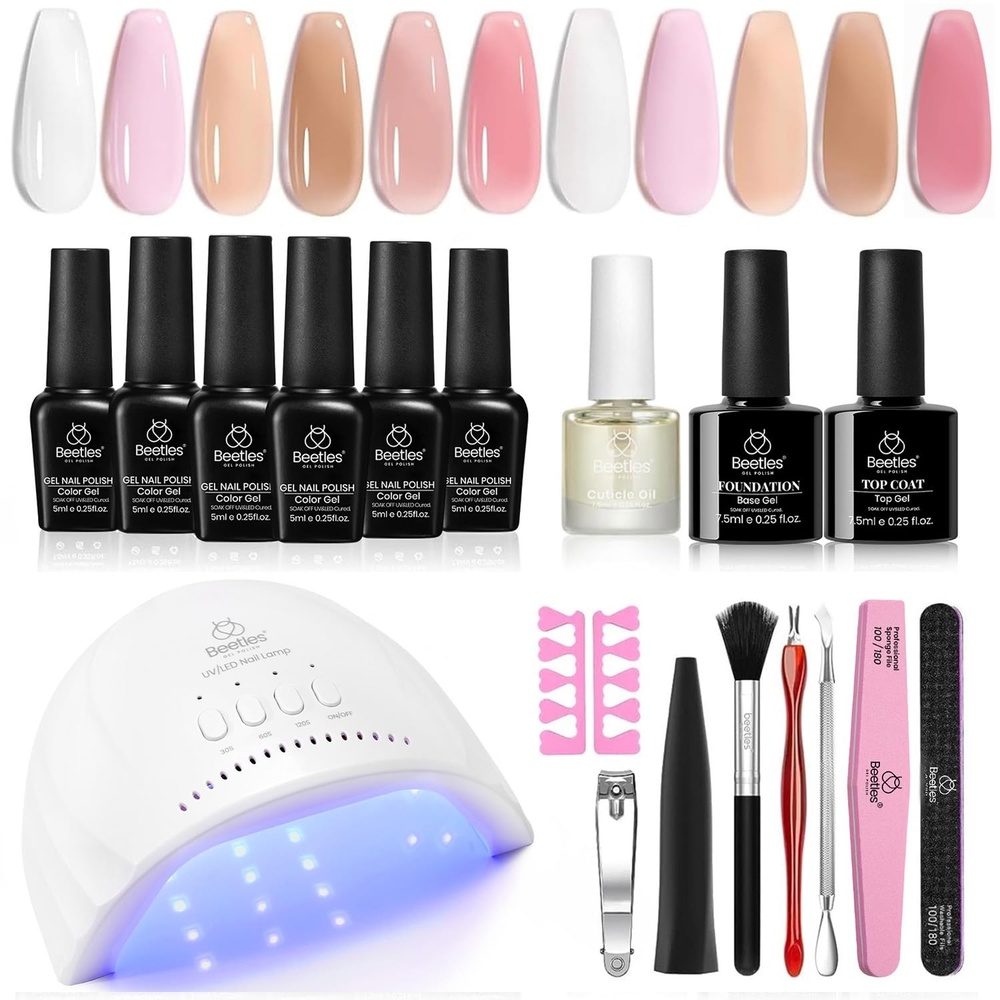 image:imageBeetles Gel Nail Polish Kit with Uv Light  6 Colors Nude Gray Pink Gel Polish Starter Kit Manicure with Base Top Coat Soak off Led Salon DIY at Home Gifts for Women6 ColorsJelly Nude Pink