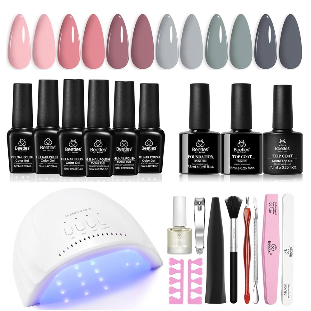 image:imageBeetles Gel Nail Polish Kit with Uv Light  6 Colors Nude Gray Pink Gel Polish Starter Kit Manicure with Base Top Coat Soak off Led Salon DIY at Home Gifts for Women1 Hot Pink Magenta
