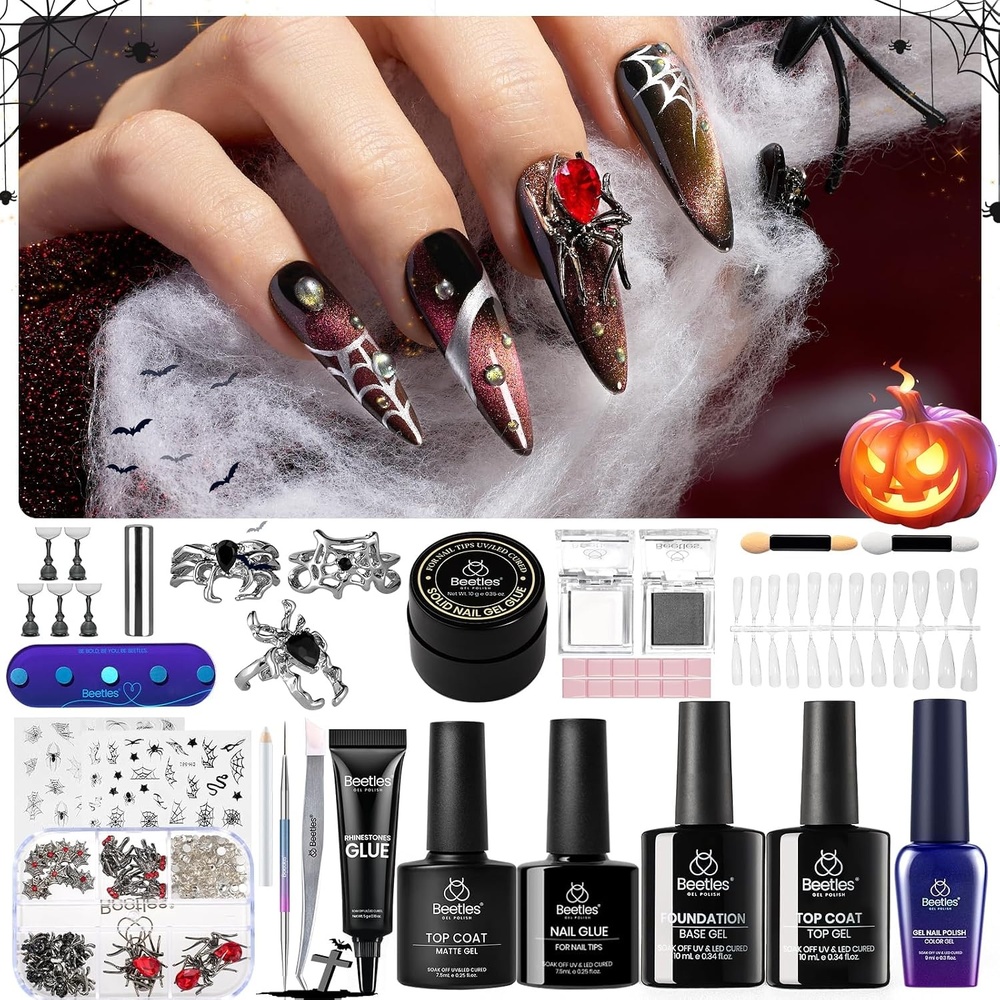 image:imageBeetles Gel Nail Polish Set Red Black Cat Eye Gel Polish and Soild Nail Glue Kit All in 1 Beetles X DIY nail with Chrome Nail Powder 5D Nail Stickers and Rings for Party Gift Holiday