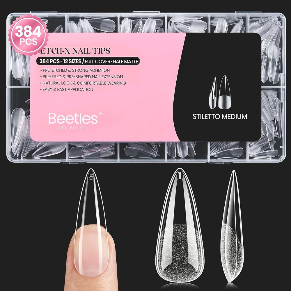 image:imageBeetles Gel Nail Tips EtchX Coffin Short 384pcs 12 Sizes PreEtched Half Matte Full Cover Soft Gel Nail Tips Press on False Nail Extension Acrylic Fake Nails Easy DIY Salon Art51Stiletto Medium 384pcs EtchX Nail Tips
