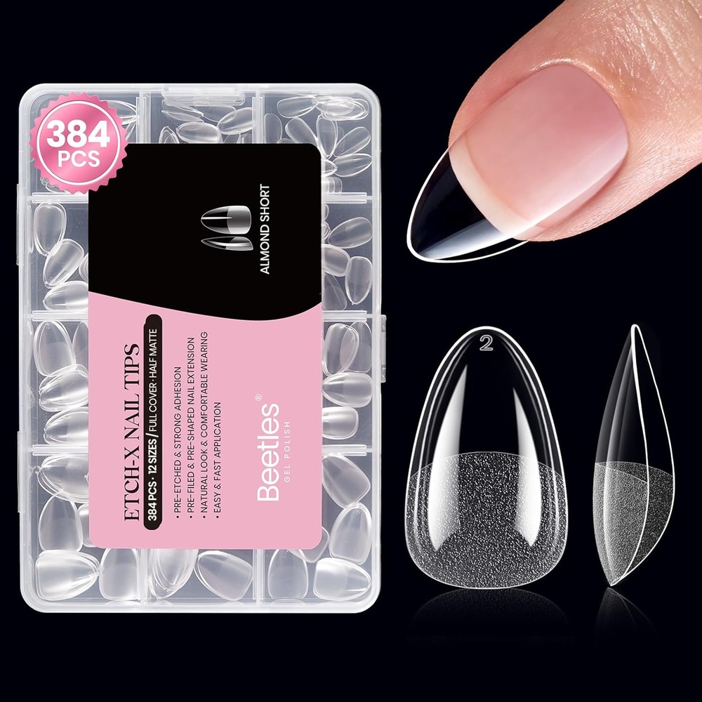 image:imageBeetles Gel Nail Tips EtchX Coffin Short 384pcs 12 Sizes PreEtched Half Matte Full Cover Soft Gel Nail Tips Press on False Nail Extension Acrylic Fake Nails Easy DIY Salon Art12Almond Short 384pcs EtchX Nail Tips