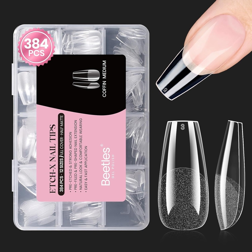 image:imageBeetles Gel Nail Tips EtchX Coffin Short 384pcs 12 Sizes PreEtched Half Matte Full Cover Soft Gel Nail Tips Press on False Nail Extension Acrylic Fake Nails Easy DIY Salon Art32Coffin Medium 384pcs EtchX Nail Tips