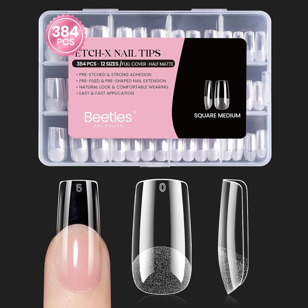 image:imageBeetles Gel Nail Tips EtchX Coffin Short 384pcs 12 Sizes PreEtched Half Matte Full Cover Soft Gel Nail Tips Press on False Nail Extension Acrylic Fake Nails Easy DIY Salon Art23Square Medium 384pcs EtchX Nail Tips