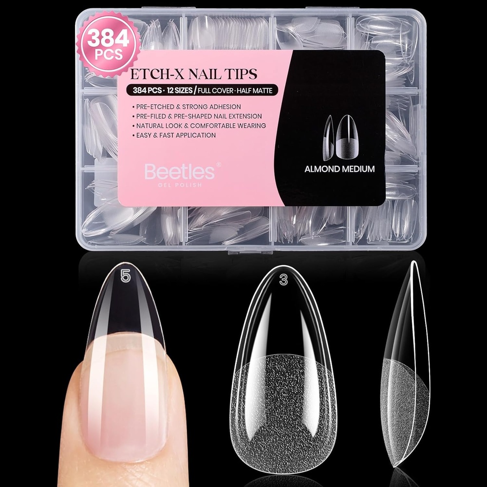 image:imageBeetles Gel Nail Tips EtchX Coffin Short 384pcs 12 Sizes PreEtched Half Matte Full Cover Soft Gel Nail Tips Press on False Nail Extension Acrylic Fake Nails Easy DIY Salon Art13Almond Medium 384pcs EtchX Nail Tips