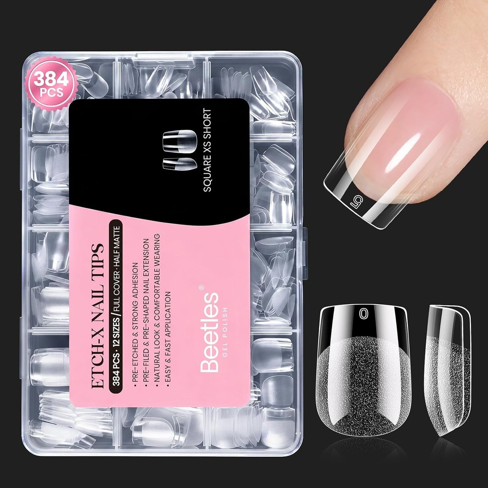 image:imageBeetles Gel Nail Tips EtchX Coffin Short 384pcs 12 Sizes PreEtched Half Matte Full Cover Soft Gel Nail Tips Press on False Nail Extension Acrylic Fake Nails Easy DIY Salon Art21Square Extra Short 384pcs EtchX Nail Tips