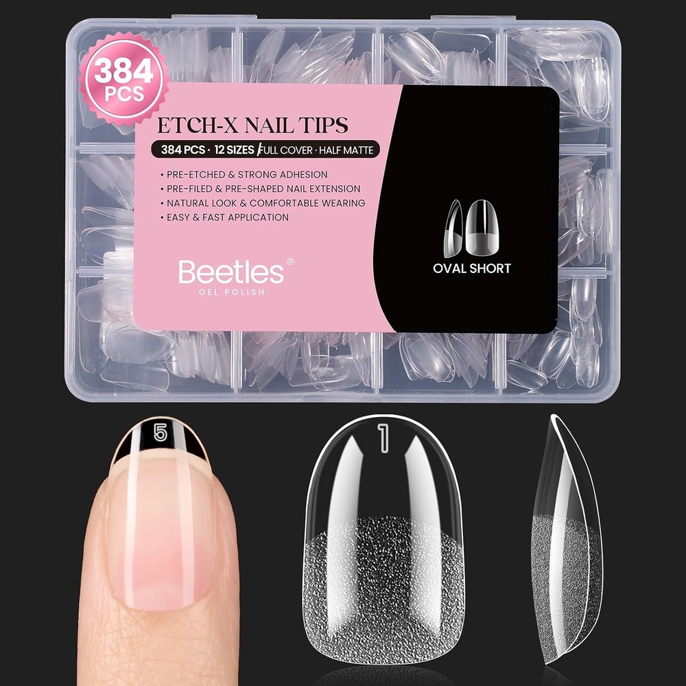 image:imageBeetles Gel Nail Tips EtchX Coffin Short 384pcs 12 Sizes PreEtched Half Matte Full Cover Soft Gel Nail Tips Press on False Nail Extension Acrylic Fake Nails Easy DIY Salon Art41Oval Short 384pcs EtchX Nail Tips