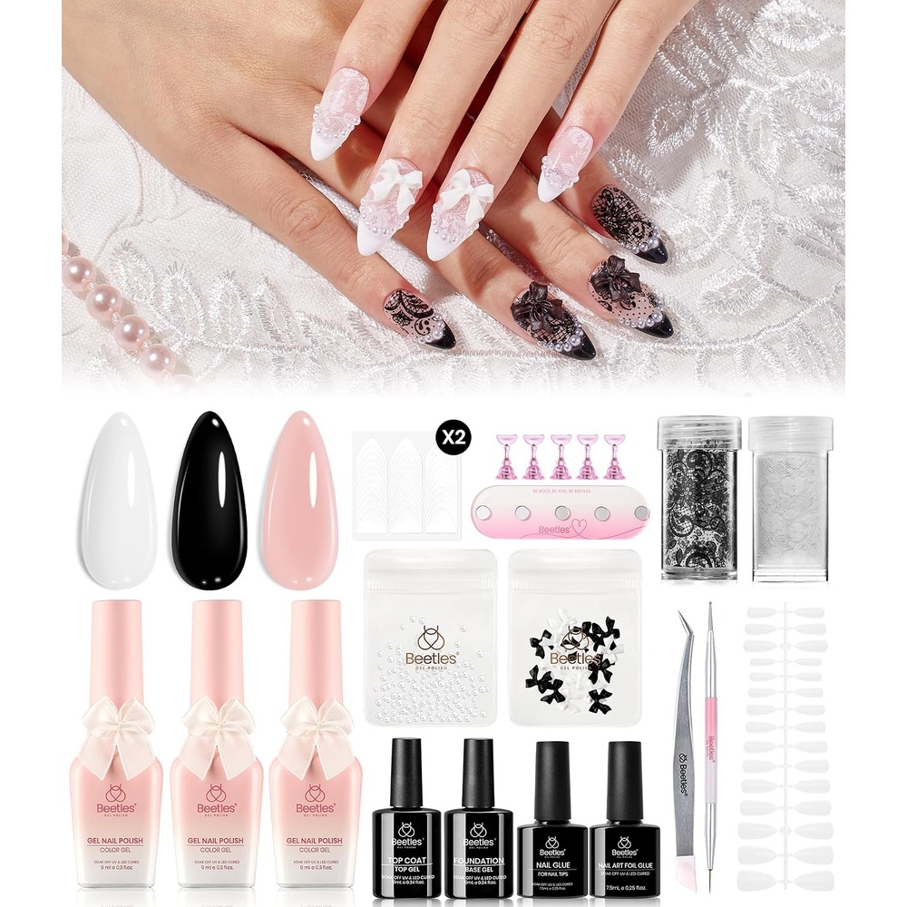 image:imageBeetles Gift Gel Nail Polish Set Wedding Nail Lace Poem Beetles X DIY Nail Trend Kit with Bow Pearl Lace Transfer Stickers and Manicure Tools Gifts for Women
