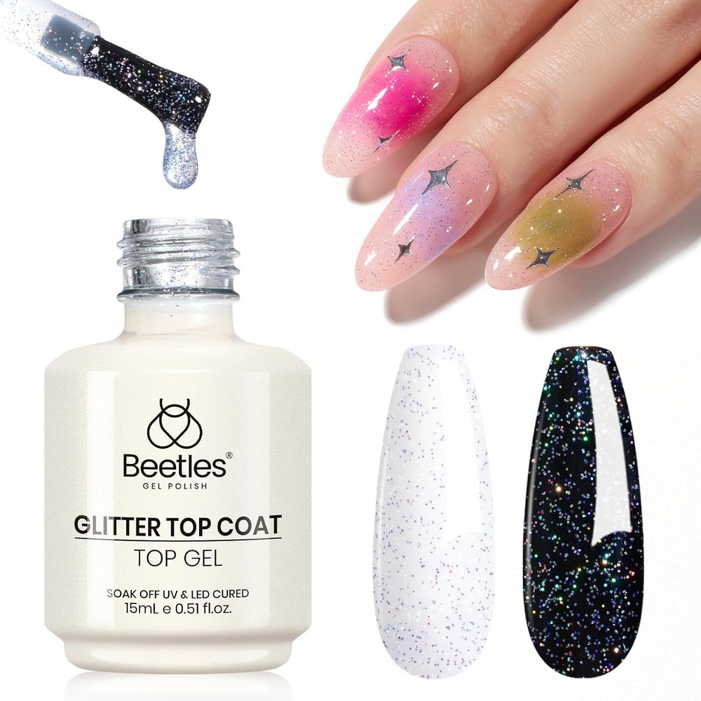 image:imageBeetles Glitter Top Coat Gel Nail Polish 1 Pcs Winter Silver Glitter Gel Top Coat Shiny Reflective No Wipe U V Nail Decoration Nail Art Sparkle Manicure Gifts for WomenSilver Glitter Top Coat