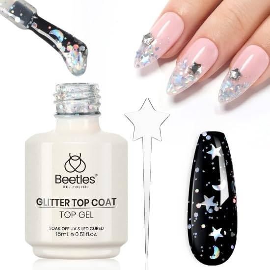 image:imageBeetles Heart Gel Top Coat 15ml  Hema Free Glitter Shine No Wipe Top Coat LongLasting for Gel Polish Pink Heart Sparkle Soak Off UV LED Gift for WomenSilver Glitter Top Coat