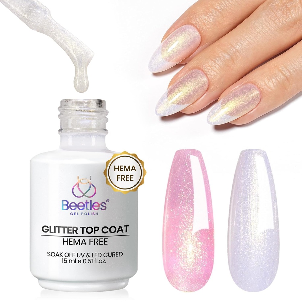 image:imageBeetles Hema Free Glitter Gel Top Coat for French Tip Press on Nails Pearl Shimmer Glitter Green 2IN1 No Wipe Top Coat Long Lasting15ml