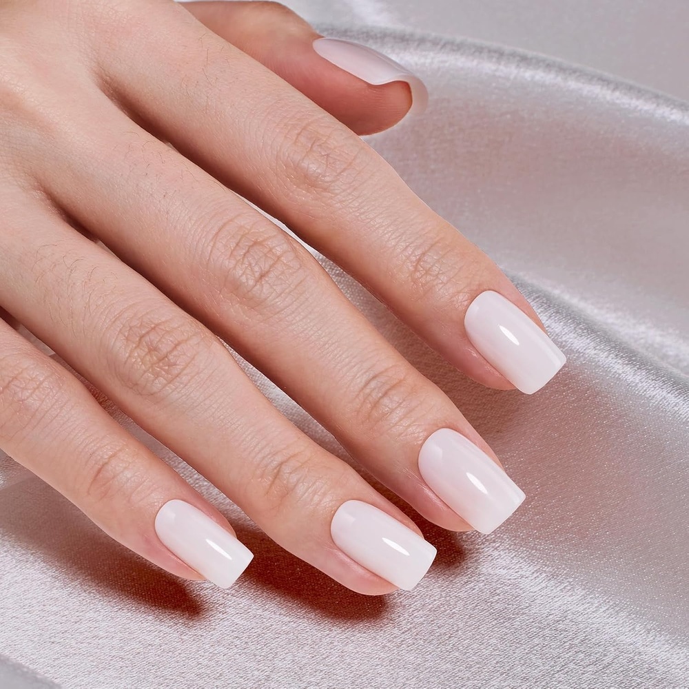 image:imageBeetles Milky White Press On Nails Short Almond Gel Painted Natural White Soft Gel Summer Press Ons 32Pcs 16 Sizes Reusable Fake Nails Kit with Nail Glue 60 Adhesive Tabs Gift for Women03Short Squoval  Natural Milky White