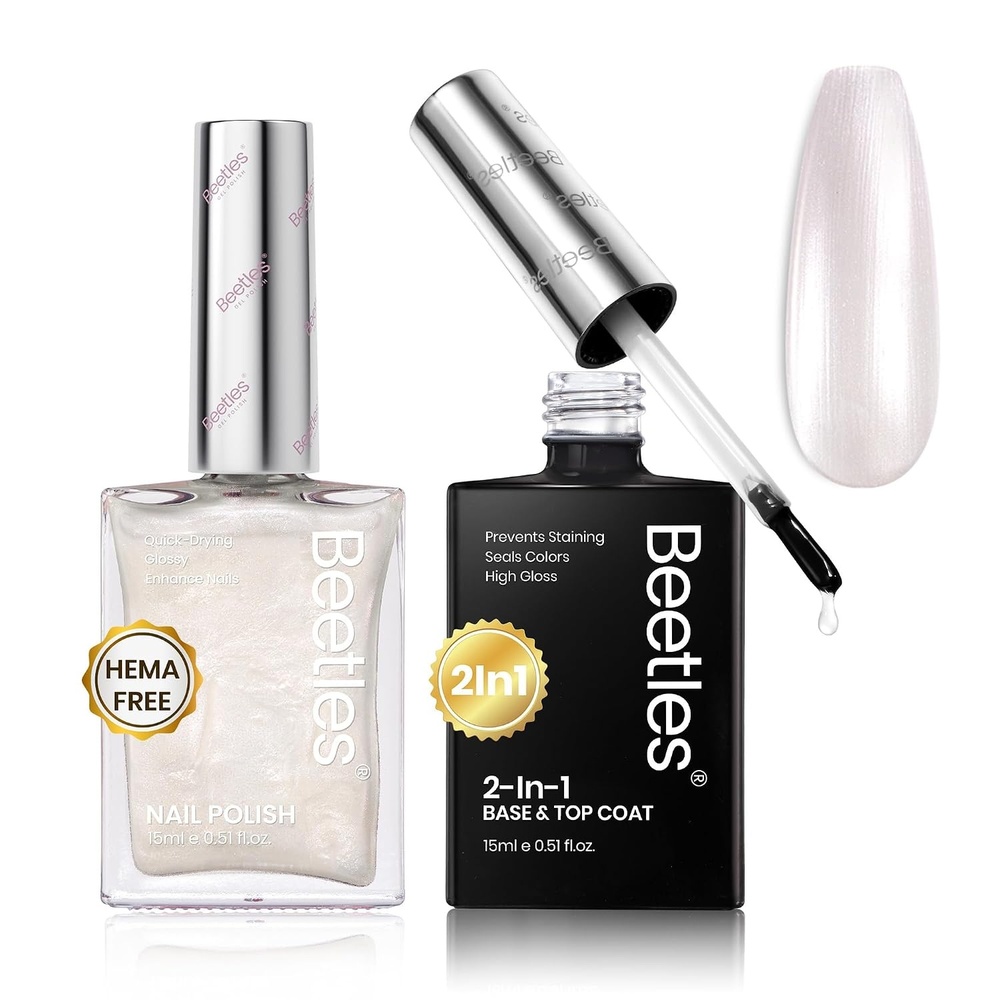 image:imageBeetles Nail Polish Top Coat and Base Coat Set Pearl Pink Fast Drying amp Long Lasting Shine Nail Polish 2 IN 1 Protects Nails Enhances Glossy and Nourishes Nails for Women2 in 1 Base  Top Coat and Pearl White Nail Polish