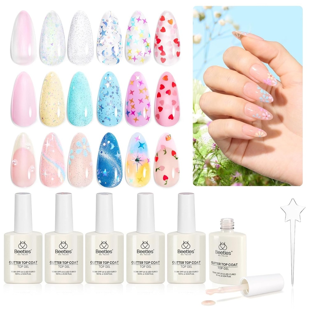 image:imageBeetles Nail Prep Kit Nail Dehydrator and Primer Nail Care Tool Kit 20ml Large Capacity AcidFree amp HemaFree Dehydrate Bond Primer with Manicure Tools for Acrylic Nail Gifts for Women6Pcs Heart Star Reflective Glitter Gel