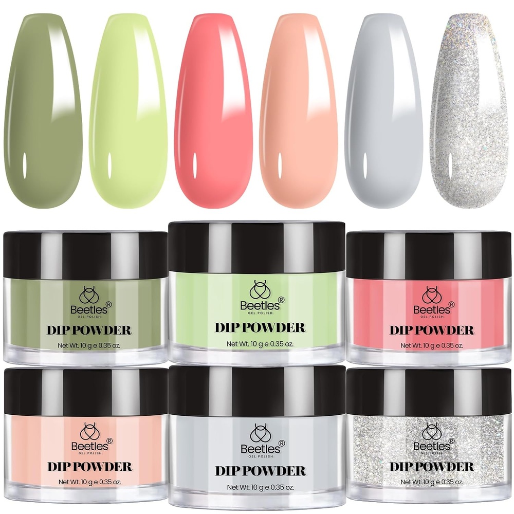 image:imageBeetles Pink Dip Powder Nail Kit 6 Color Nude Pink Brown Dip Nails Powder Starter Kit All Season Nail Dip Powder Kit No Need Nail Lamp DIY Salon at Home Summer Gift for Women00Green Nude Glitter Breeze Palette