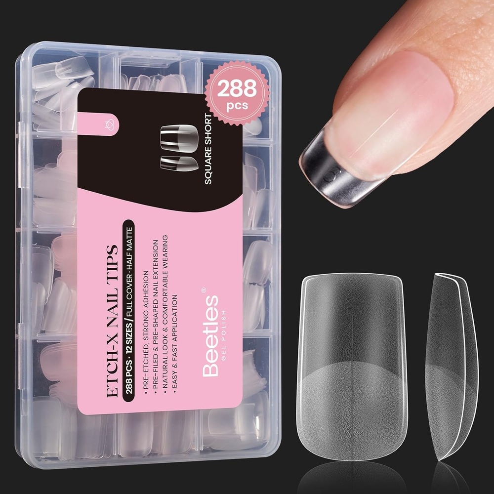image:imageBeetles Short Almond Nail Tips  288PCS 12 Sizes Full Matte Cover PreEtched amp PreShaped Soft Gel False Nail Tips Acrylic Nail Tips Nail Extension Tips for Gel Polish DIY Manicure13Square Short 288pcsFull Matte Nail Tips