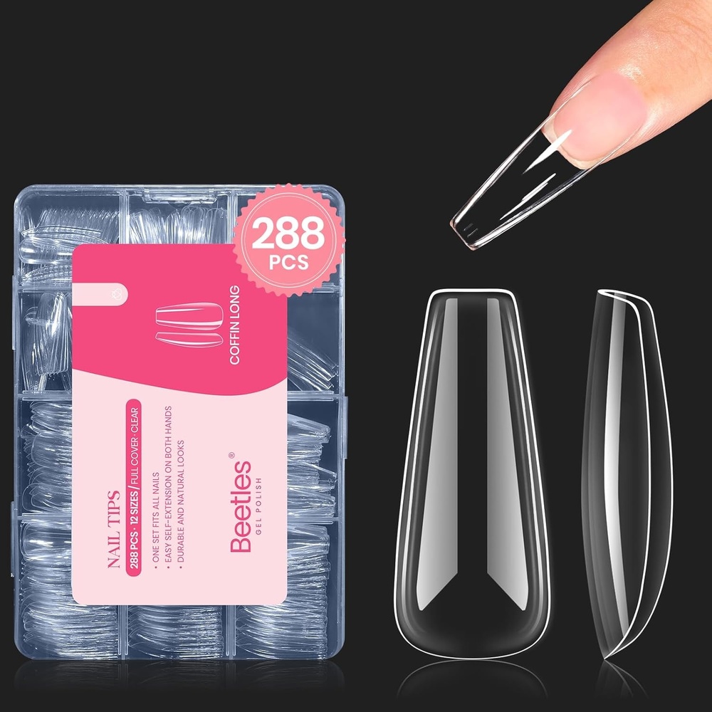 image:imageBeetles Short Almond Nail Tips  288PCS 12 Sizes Full Matte Cover PreEtched amp PreShaped Soft Gel False Nail Tips Acrylic Nail Tips Nail Extension Tips for Gel Polish DIY Manicure32Coffin Long 288pcs Clear Nail Tips