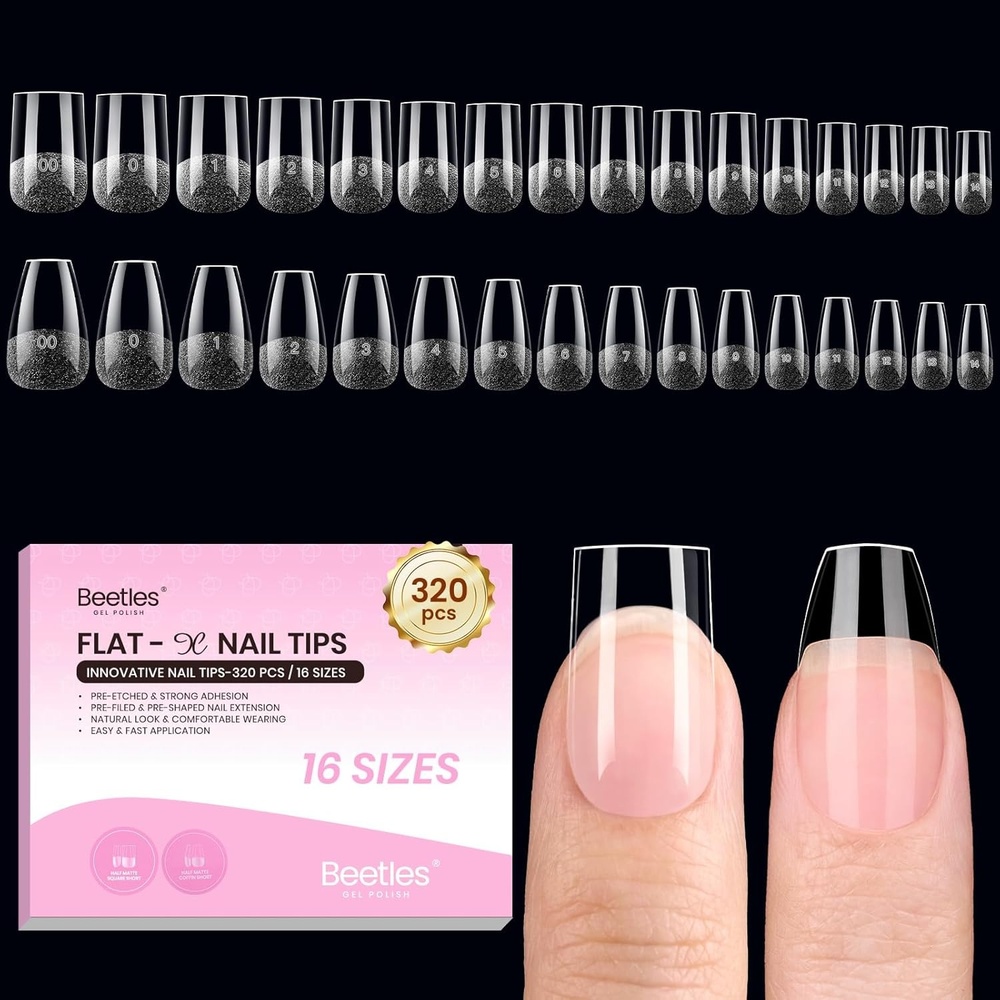 image:imageBeetles Short Almond Nail Tips  288PCS 12 Sizes Full Matte Cover PreEtched amp PreShaped Soft Gel False Nail Tips Acrylic Nail Tips Nail Extension Tips for Gel Polish DIY Manicure51Square Coffin Short 320pcsHalf Matte Tips