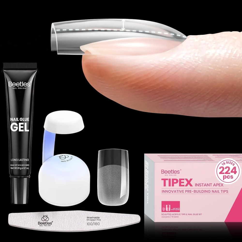 image:imageBeetles Tipex Instant Apex Nail Tips Kit Medium Almond 224PCS 16 Sizes 0014 No Builder Gel Needed 20g Solid Nail Glue Mini UV Lamp0FSquare Short 224pcs Tipex Nail Kit