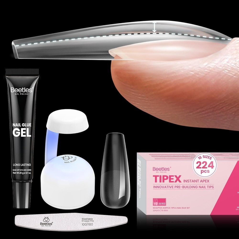image:imageBeetles Tipex Instant Apex Nail Tips Kit Medium Almond 224PCS 16 Sizes 0014 No Builder Gel Needed 20g Solid Nail Glue Mini UV Lamp1ICoffin Long 224pcs Tipex Nail Kit