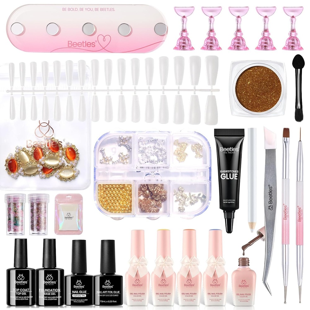 image:imageBeetles X DIY Nail Goddess Revival Gel Nail Polish Kit 5 Color Brown Blue White Uv Gel Polish with 160pcs Nail Tips Golden Gemstone Charms Nail Foil Stickers Nail Decors Manicure Gifts for Girls