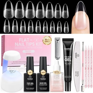 Beetles Gel Nail Kit Flat-X, Almond Short, 320pcs 16 Sizes Nail Tips, 20g Nail Glue Gel Hand-Free,10ml Glue Remover, 7.5ml Base Gel & Top Coat, Mini Lamp, Acrylic Press On Nail, Extension DIY at Home(2-2 Almond Medium 320pcs (Hand-Free Glue+Remover))
