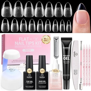 Beetles Gel Nail Kit Flat-X, Almond Short, 320pcs 16 Sizes Nail Tips, 20g Nail Glue Gel Hand-Free,10ml Glue Remover, 7.5ml Base Gel & Top Coat, Mini Lamp, Acrylic Press On Nail, Extension DIY at Home(2-1 Almond Short 320pcs (Hand-Free Glue+Remover))