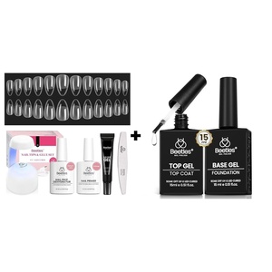 Beetles Gel Nail Kit Short Almond with Nail Dehydrator and Primer, 576Pcs Half Matte Etch-X Nail Tips Solid Glue Mini Lamp Nail Extension Set Gift, with No Wipe Top Coat and Base Coat Set for Gel Poli