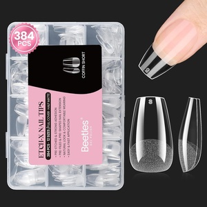 Beetles Gel Nail Tips Etch-X- Coffin Short, 384pcs 12 Sizes, Pre-Etched Half Matte Full Cover Soft Gel Nail Tips, Press on False Nail Extension Acrylic Fake Nails, Easy DIY Salon Art(3-1-Coffin Short 384pcs (Etch-X Nail Tips))