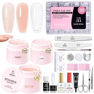 Beetles HEMA-Free Hard Gel for Nails-1.06oz 9 in 1 Jelly Nude UV/LED Lamp Cured Sculpting Stengthener Gel for Nail Extension & Nail High Hardness Nails for Manicurist Women(Mocha Glow & Medium Square Nail Tips)