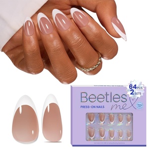 Beetles Milky White Press On Nails Short Almond, Gel Painted Natural White Soft Gel Summer Press Ons, 32Pcs 16 Sizes Reusable Fake Nails Kit with Nail Glue, 60 Adhesive Tabs Gift for Women(Short Almond French Tip Jelly Brown)