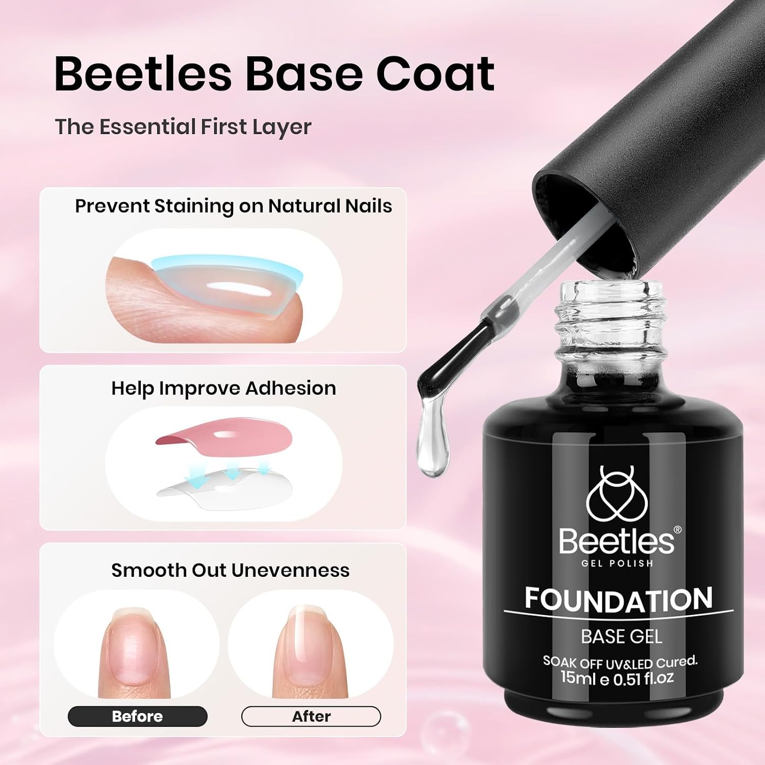 image:imageBeetles 3Pcs 15ml Pink Gel Nail Polish and No Wipe Gel Top Coat amp Base Coat Set Soak Off UV Lamp and Long Lasting Top Coat French Manicure Art Design Kit3 Pcs Gel Base and Top CoatPink Gel Polish