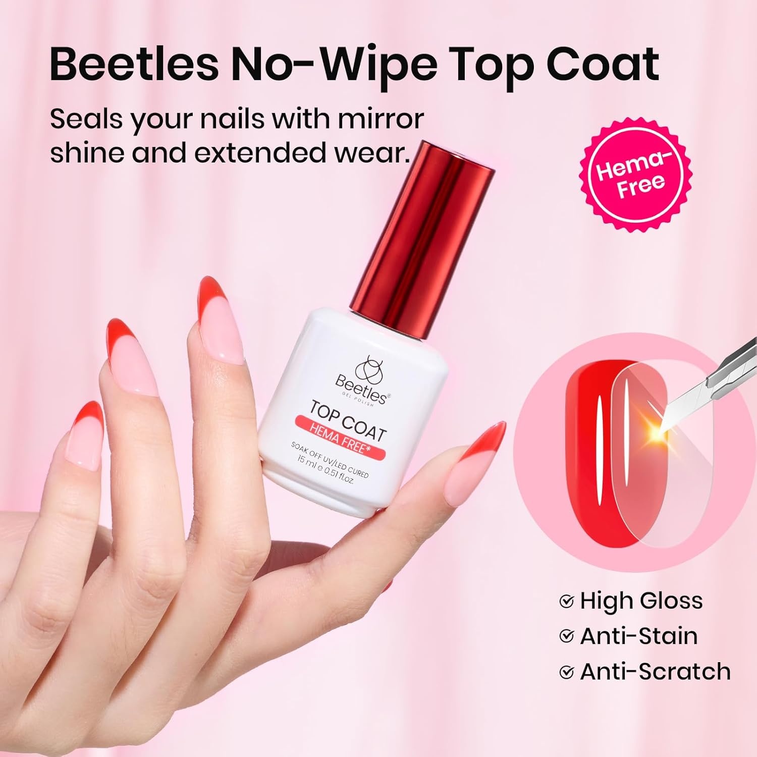 image:imageBeetles HEMA Free amp TPO Free Gel Base and Top Coat Set No Wipe Top Coat Soak Off UV LED Gel Polish Foundation Kit for Long Lasting High Gloss Manicure10Clear 15ml Top Base HEMA Free